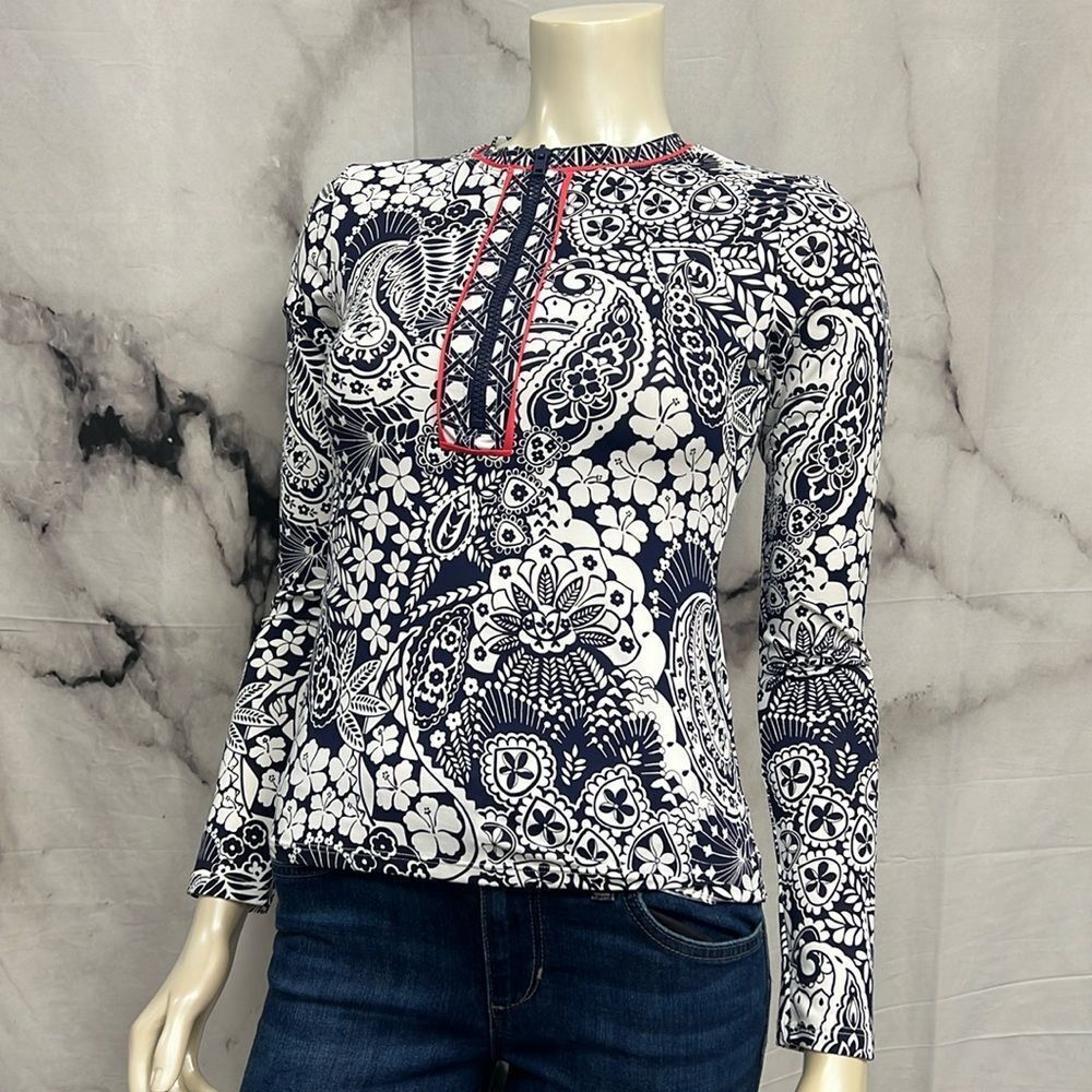* Tommy Bahama top navy and white floral paisley print long sleeve